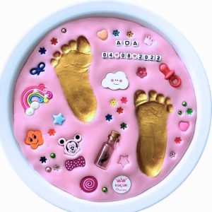 Statik Hamur Pembe Çerçeveli Bebek El Ayak Izi Hatıra Seti